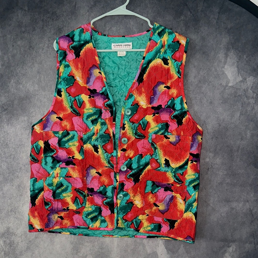 100% Silk Vintage Carol Horn Workshop Vibrant Multicolor Women's Button Vest